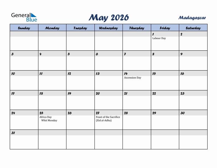 May 2026 Calendar with Holidays in Madagascar