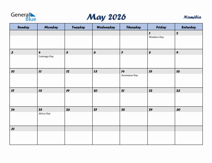 May 2026 Calendar with Holidays in Namibia
