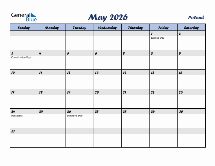 May 2026 Calendar with Holidays in Poland