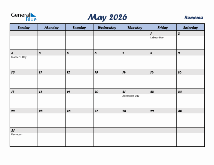 May 2026 Calendar with Holidays in Romania