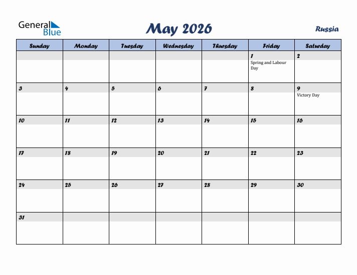 May 2026 Calendar with Holidays in Russia