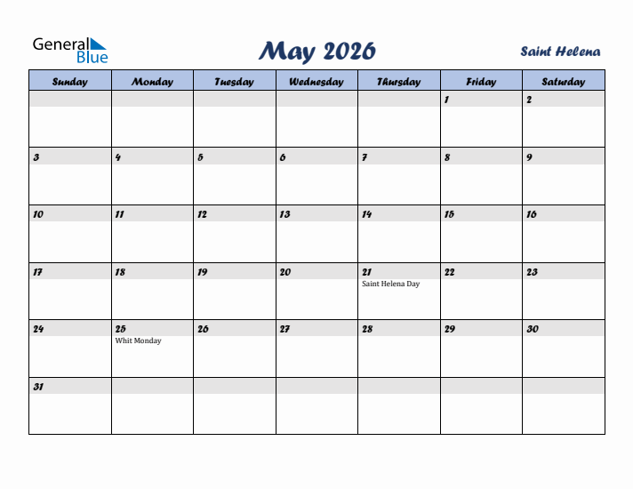 May 2026 Calendar with Holidays in Saint Helena