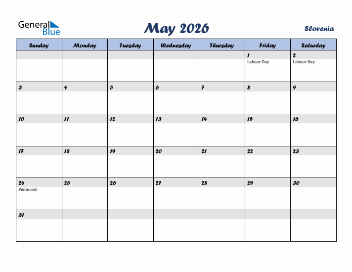 May 2026 Calendar with Holidays in Slovenia