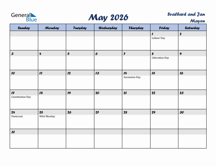 May 2026 Calendar with Holidays in Svalbard and Jan Mayen