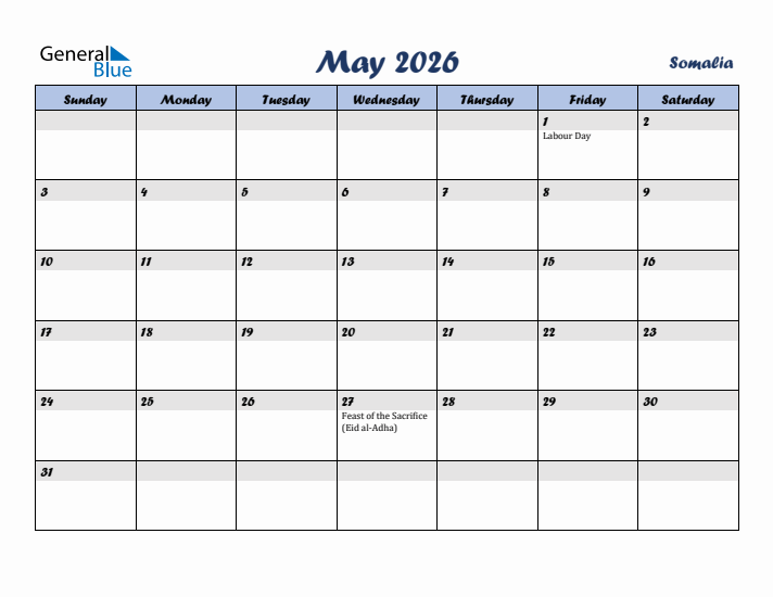 May 2026 Calendar with Holidays in Somalia