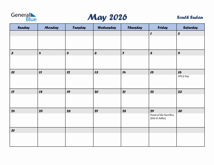 May 2026 Calendar with Holidays in South Sudan