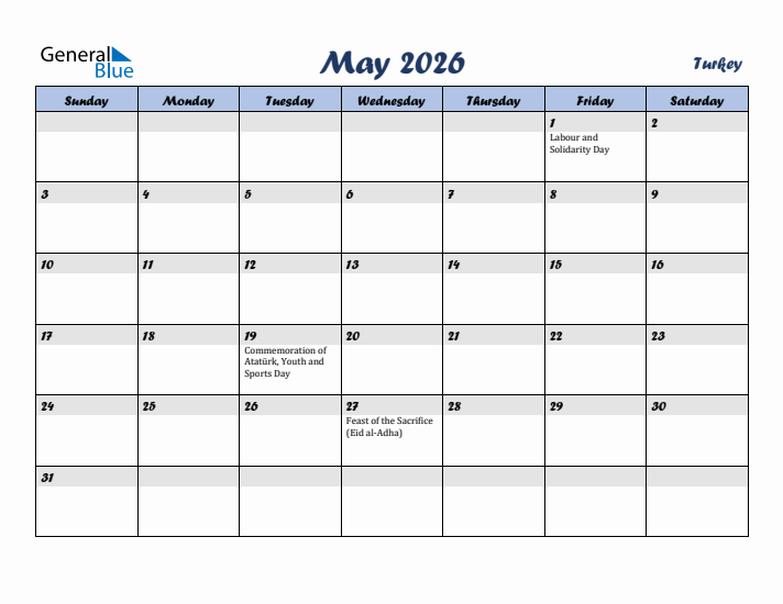 May 2026 Calendar with Holidays in Turkey