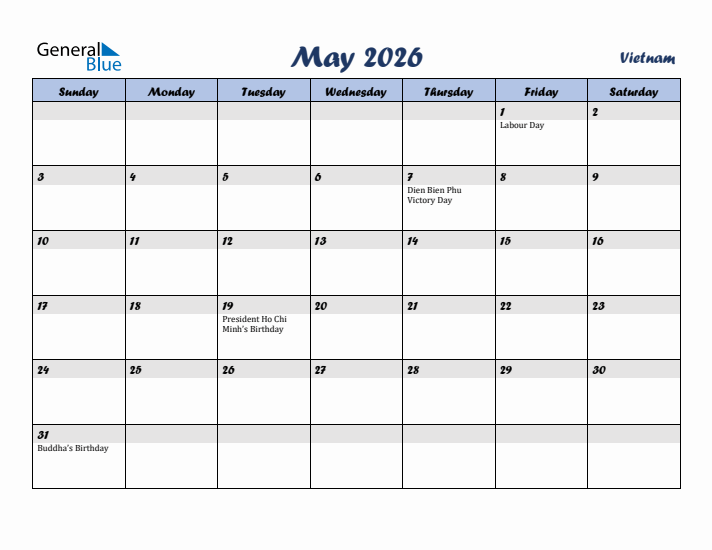 May 2026 Calendar with Holidays in Vietnam