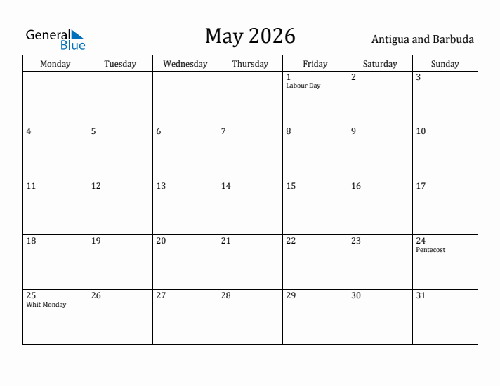 May 2026 Calendar Antigua and Barbuda
