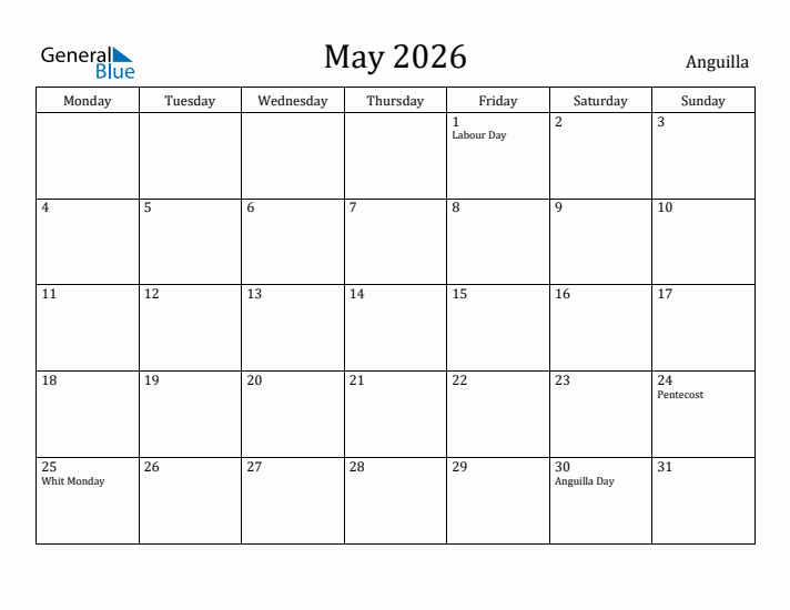 May 2026 Calendar Anguilla