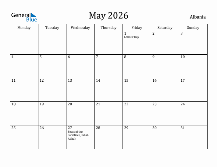 May 2026 Calendar Albania