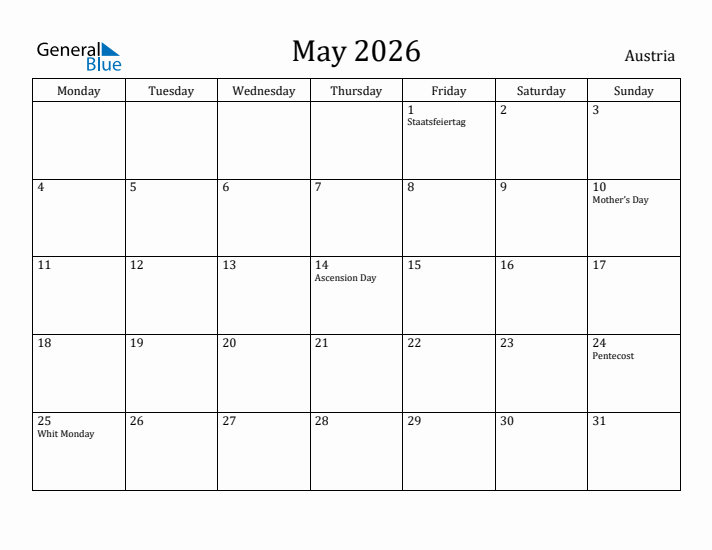 May 2026 Calendar Austria