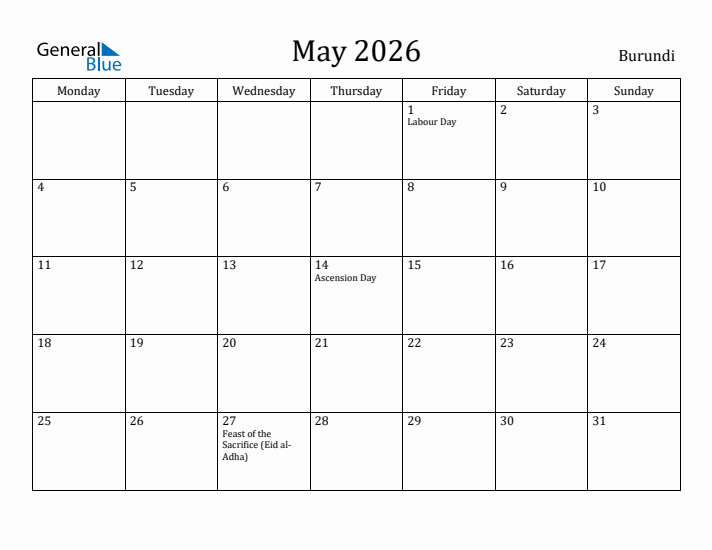 May 2026 Calendar Burundi