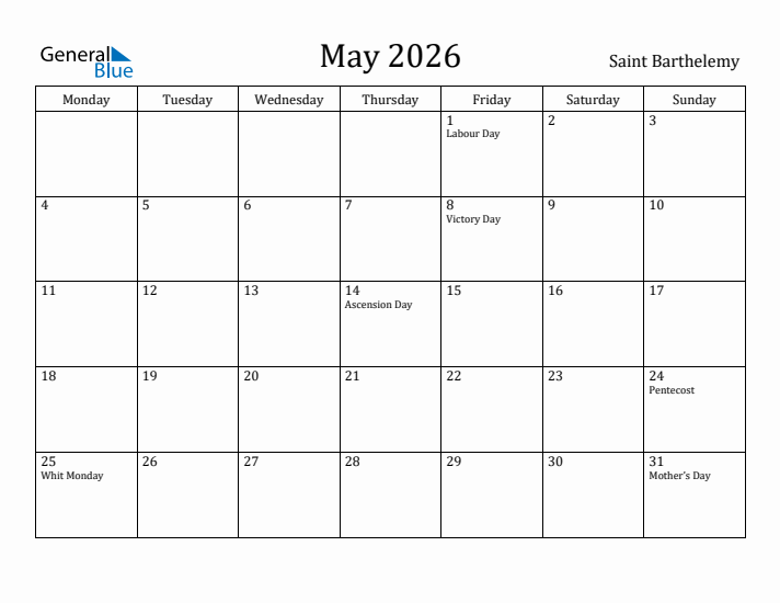 May 2026 Calendar Saint Barthelemy