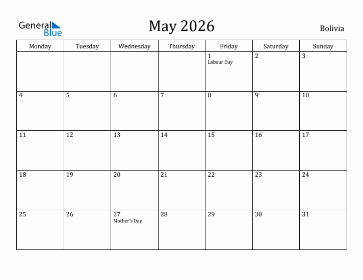 May 2026 Calendar Bolivia
