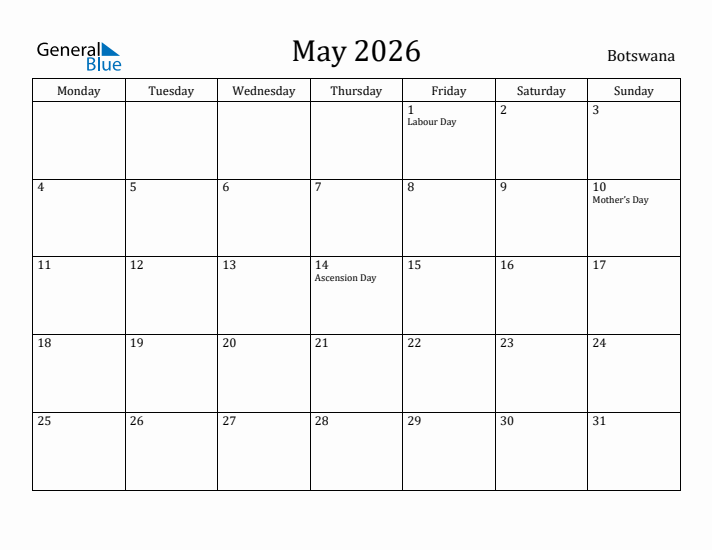May 2026 Calendar Botswana