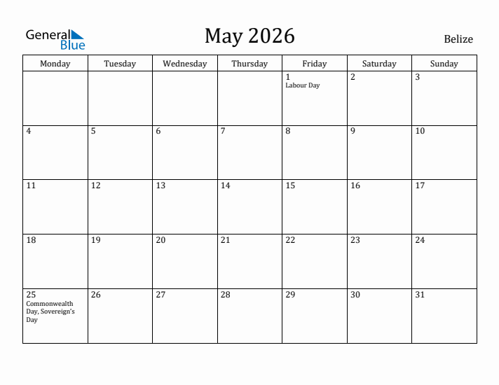May 2026 Calendar Belize