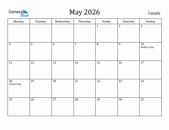 May 2026 - Canada Monthly Calendar with Holidays