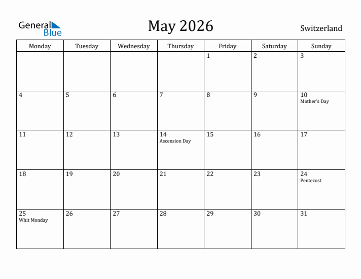 May 2026 Calendar Switzerland