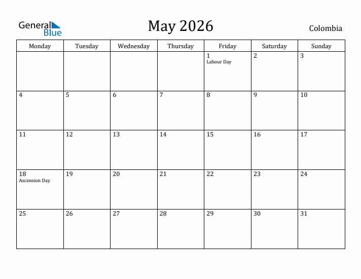 May 2026 Calendar Colombia
