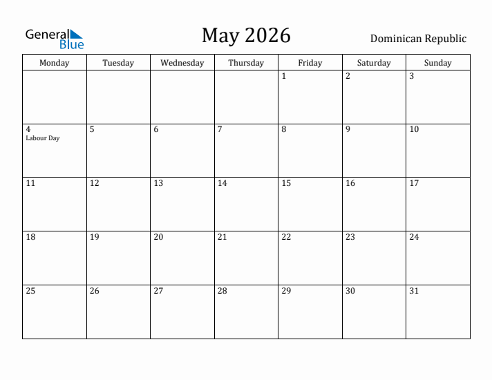May 2026 Calendar Dominican Republic