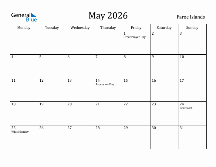 May 2026 Calendar Faroe Islands
