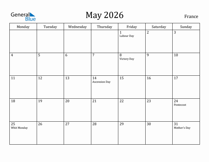 May 2026 Calendar France