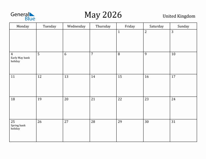 May 2026 Calendar United Kingdom
