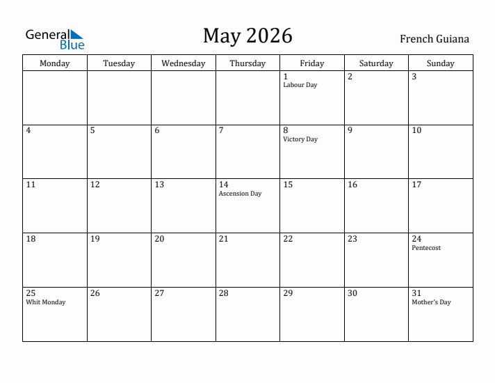 May 2026 Calendar French Guiana