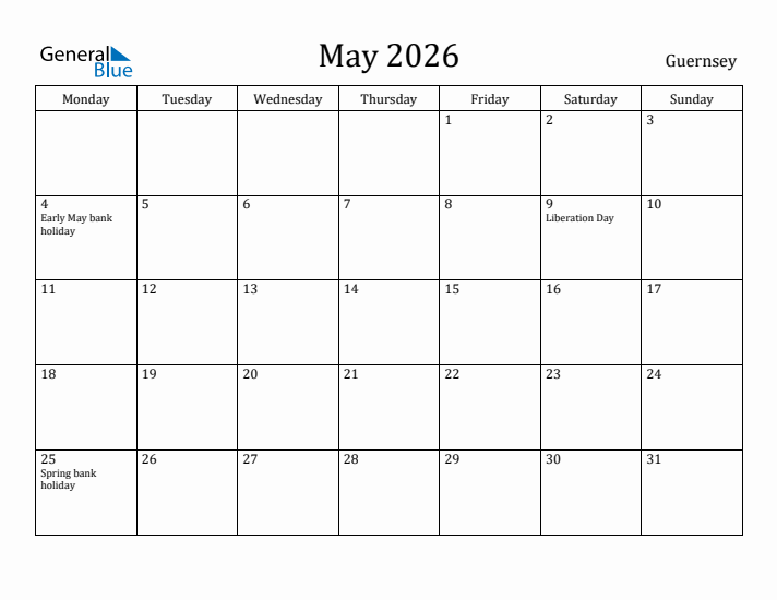 May 2026 Calendar Guernsey