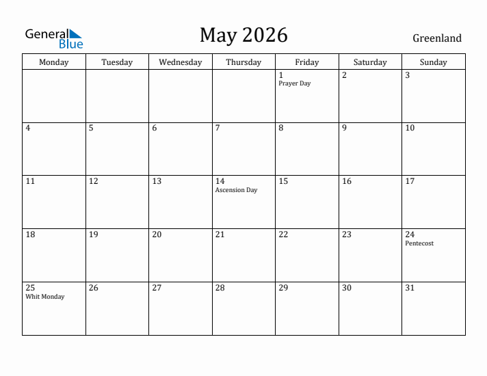 May 2026 Calendar Greenland