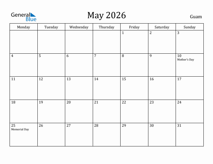 May 2026 Calendar Guam