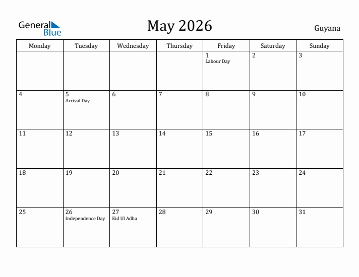 May 2026 Calendar Guyana