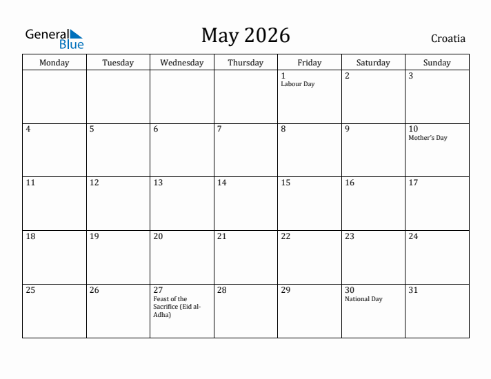 May 2026 Calendar Croatia