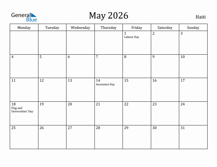 May 2026 Calendar Haiti