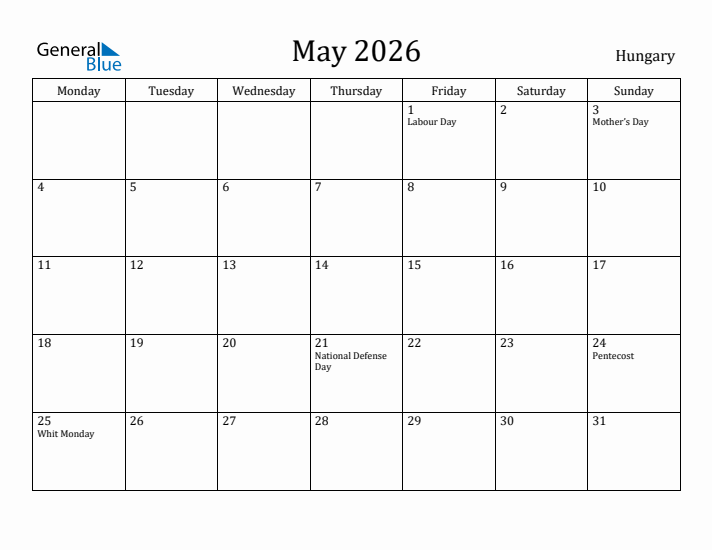 May 2026 Calendar Hungary