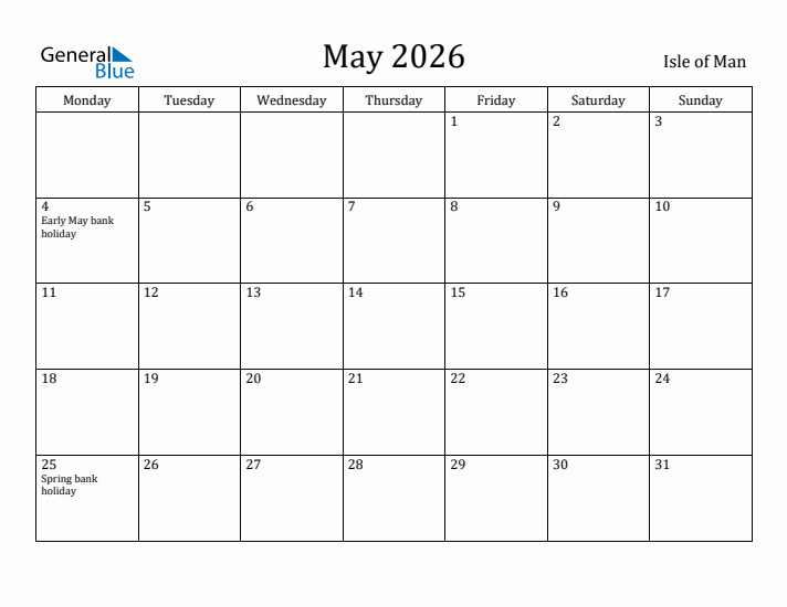May 2026 Calendar Isle of Man