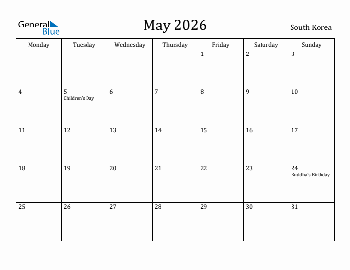 May 2026 Calendar South Korea