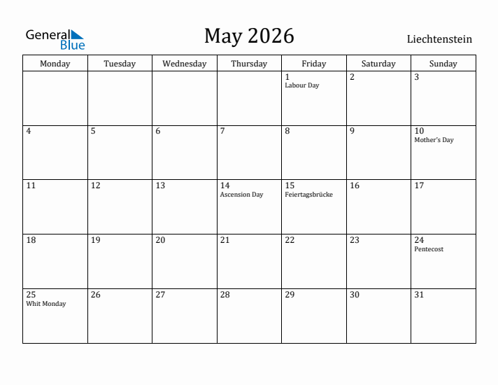 May 2026 Calendar Liechtenstein