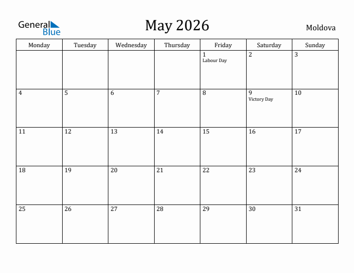 May 2026 Calendar Moldova