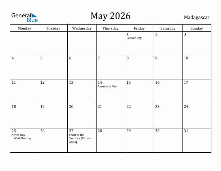 May 2026 Calendar Madagascar