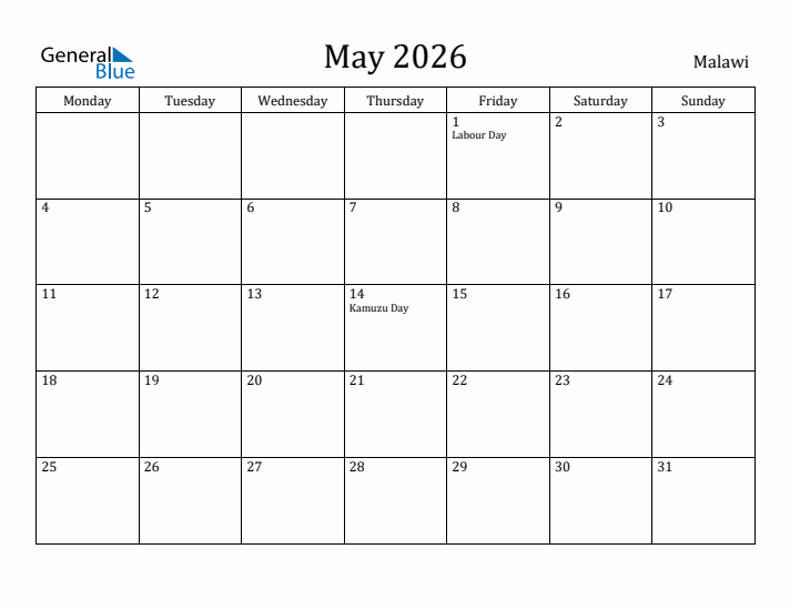 May 2026 Calendar Malawi