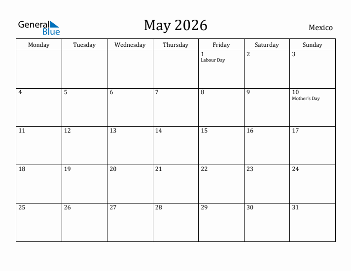 May 2026 Calendar Mexico