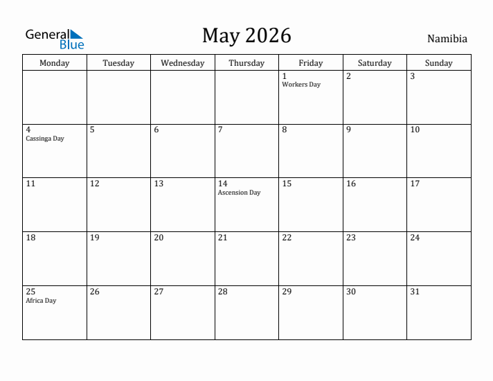 May 2026 Calendar Namibia