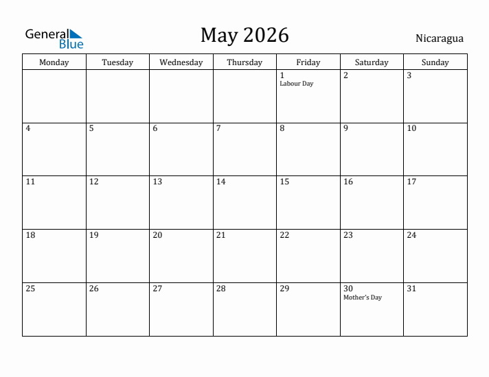 May 2026 Calendar Nicaragua