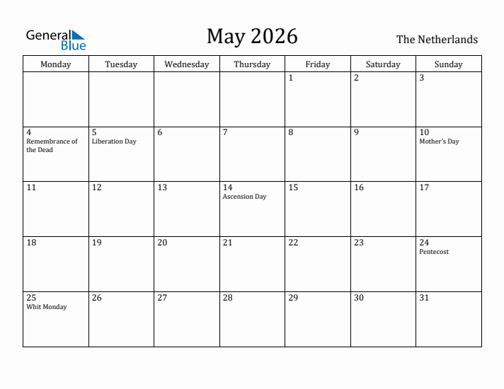 May 2026 Calendar The Netherlands