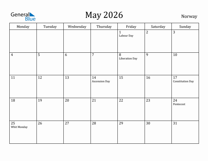 May 2026 Calendar Norway