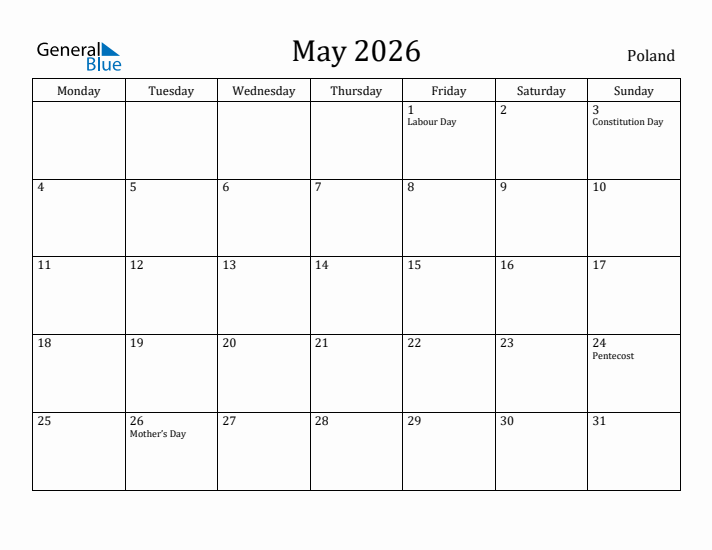 May 2026 Calendar Poland