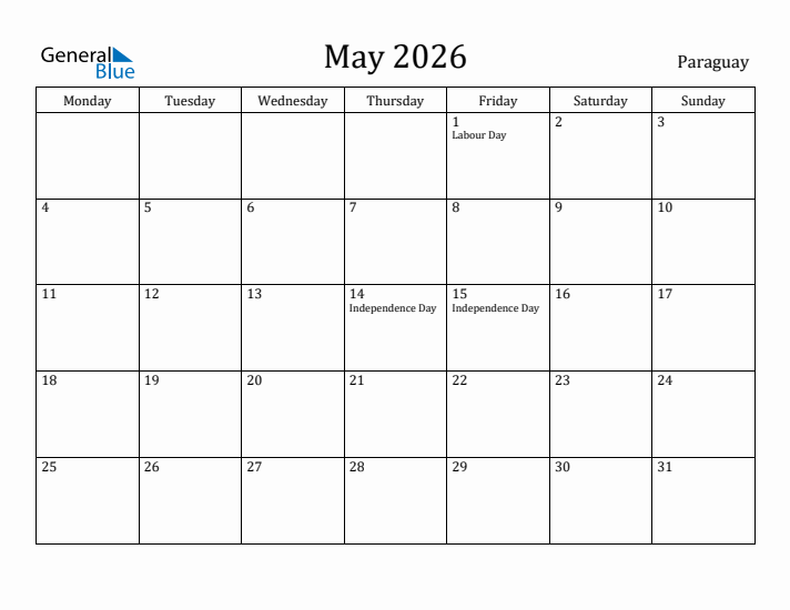 May 2026 Calendar Paraguay