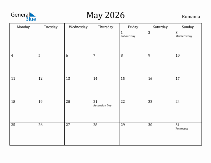 May 2026 Calendar Romania